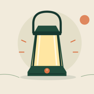 Compact green camping lantern with warm cream light and an orange control dial.