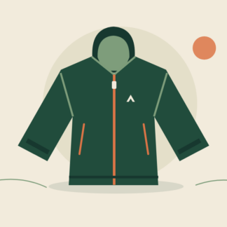 Forest green hooded trail jacket with orange zipper and generous front pockets.
