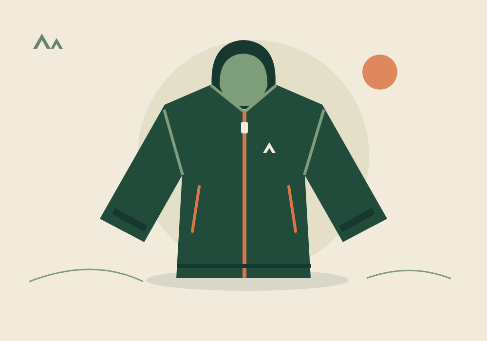Forest green hooded trail jacket with orange zipper and generous front pockets.