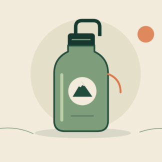 Sage green reusable water bottle with a dark cap, carrying loop, and mountain mark.