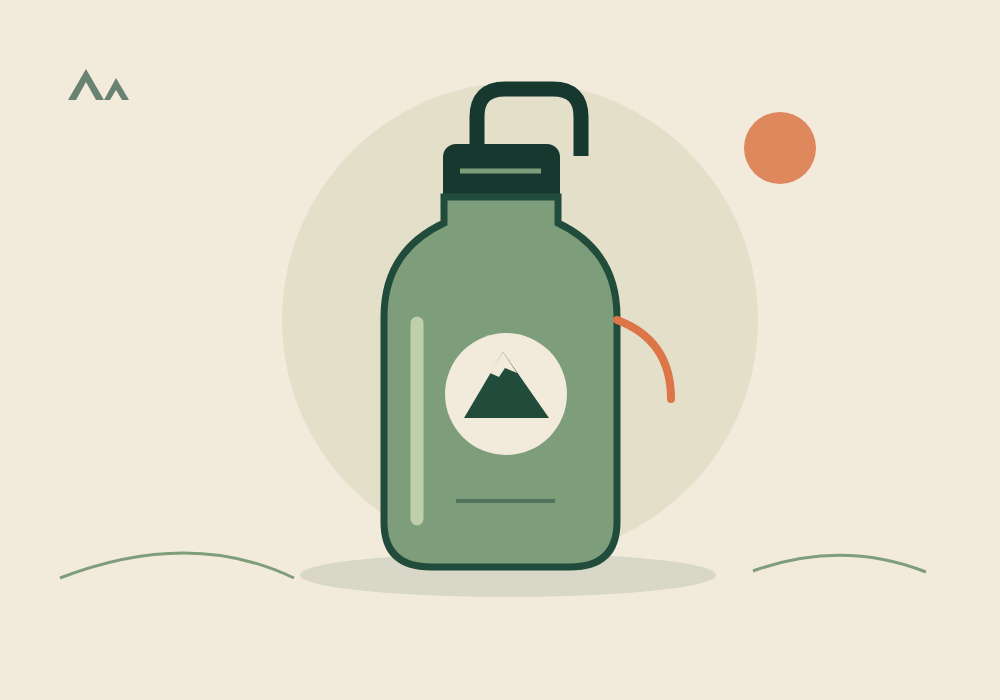 Sage green reusable water bottle with a dark cap, carrying loop, and mountain mark.