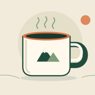 Cream enamel camping mug with a green mountain emblem and orange rim.