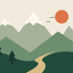Original graphic landscape of layered green mountains, an orange sun, pine trees, and a winding trail.
