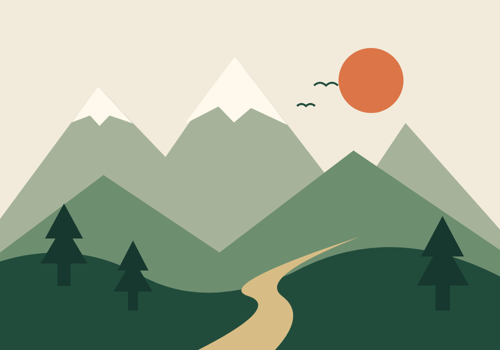 Original graphic landscape of layered green mountains, an orange sun, pine trees, and a winding trail.