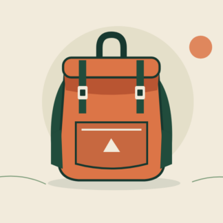 Orange outdoor backpack with forest green straps, pockets, and a rolled top.
