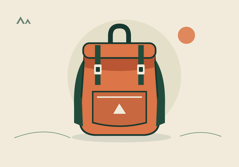 Orange outdoor backpack with forest green straps, pockets, and a rolled top.